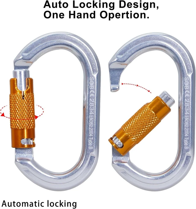 Alt view image 4 of 6 - Heavy Duty Auto-Locking Carabiner Clips, Asymmetrical for Rappelling, Rescue & Outdoor