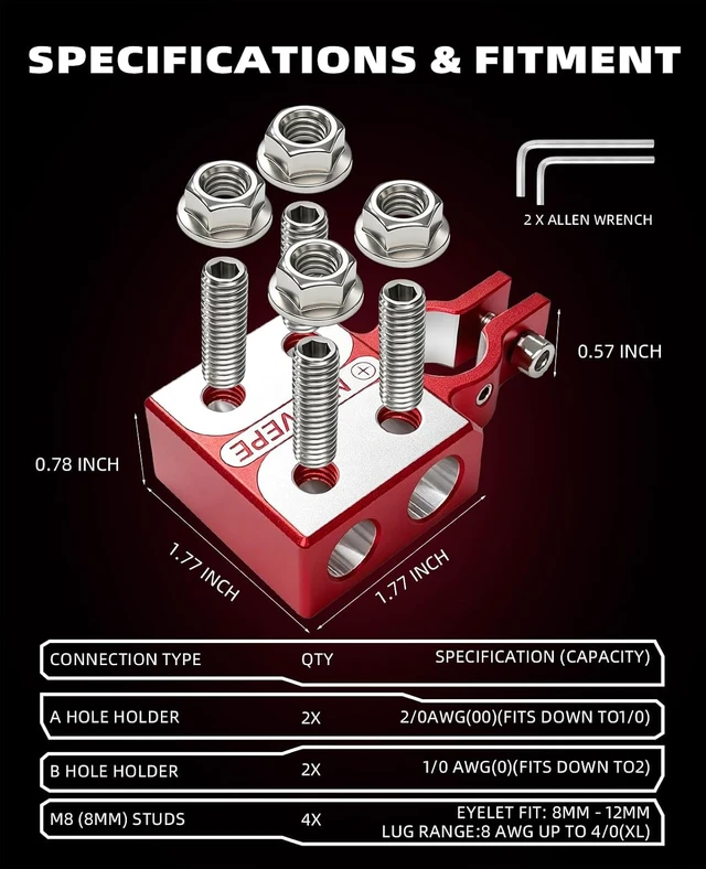 Alt view image 5 of 7 - 8-Way Car Battery Terminal Connector, M8 Studs, 8 AWG-4/0 XL