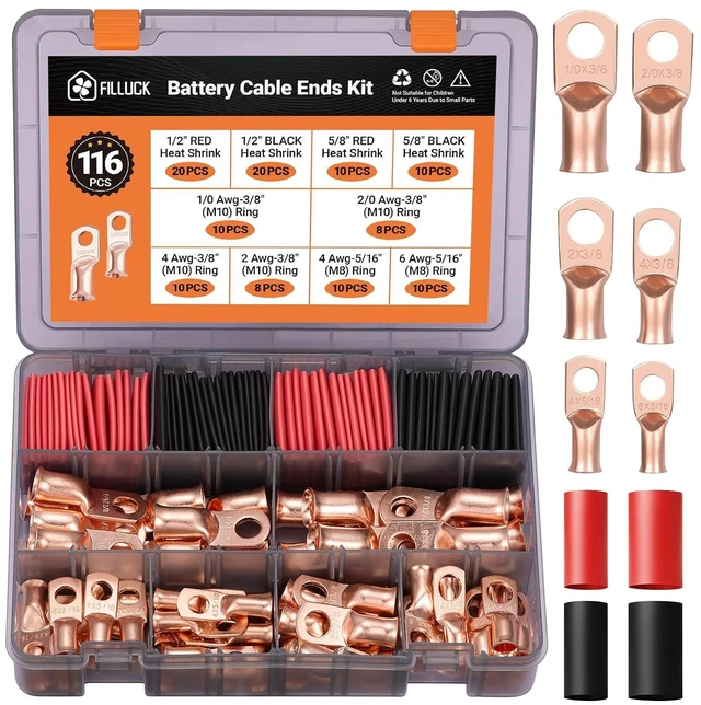 Main image of 116-Piece Battery Cable End Kit, Copper Lugs 1/0, 4 & 2 AWG