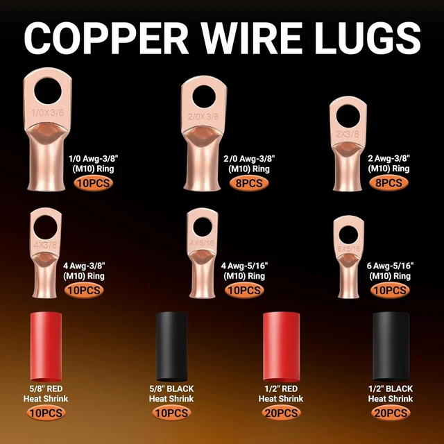 Alt view image 3 of 7 - 116-Piece Battery Cable End Kit, Copper Lugs 1/0, 4 & 2 AWG