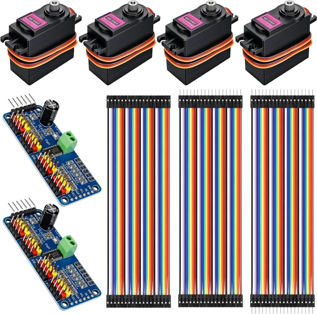 Main image of MG996R Servo Kit, 4x Metal Gear Servos with 2 PCA9685 Drivers & 120 Jumper Wires for RC Robot