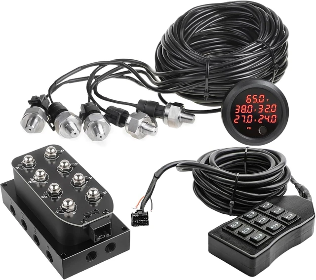 Main image of 8-Valve 12V Air Ride Suspension Solenoid Manifold with 5m 9-Switch Remote & Pressure Gauges, Red