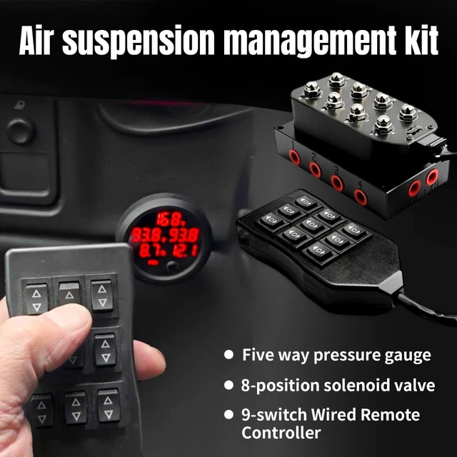 Alt view image 2 of 7 - 8-Valve 12V Air Ride Suspension Solenoid Manifold with 5m 9-Switch Remote & Pressure Gauges, Red