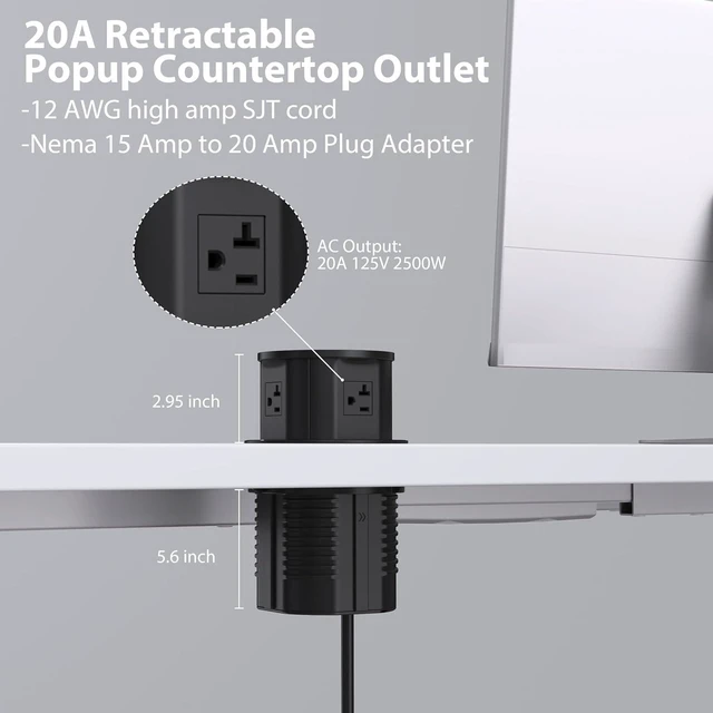 Alt view image 6 of 7 - 4.7" 20amp Pop Up Countertop Outlet Wireless Charger 65W USB Black
Pop Up Outlet with 3 Outlets 3 USB Ports Home Office Kitchen