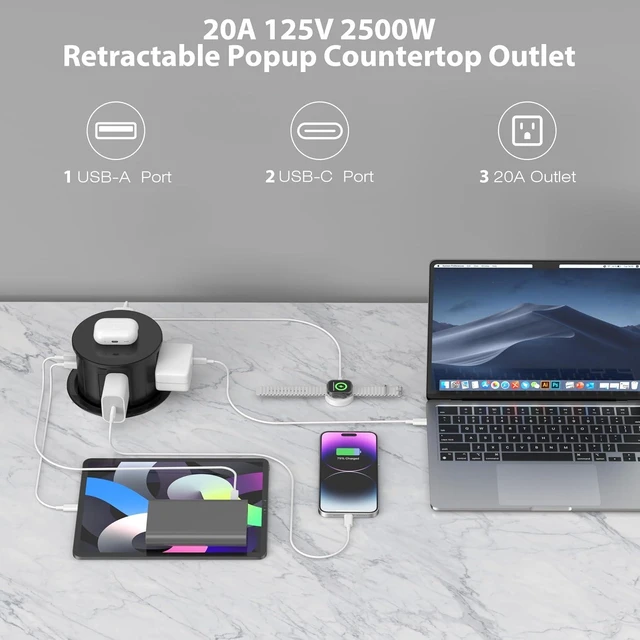 Alt view image 3 of 7 - 4.7" 20amp Pop Up Countertop Outlet Wireless Charger 65W USB Black
Pop Up Outlet with 3 Outlets 3 USB Ports Home Office Kitchen