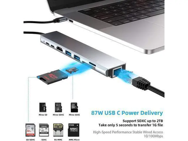 Alt view image 4 of 7 - USB C Hub Adapter, 8-in-1 4K USB C to HDMI Type C to RJ45 Ethernet,2X USB C to USB 3.0 ,SD/TF Card Reader,3.0 Power Delivery, USB-C Data Port,Portable Compatible with MacBook 2018 Ipad XPS13