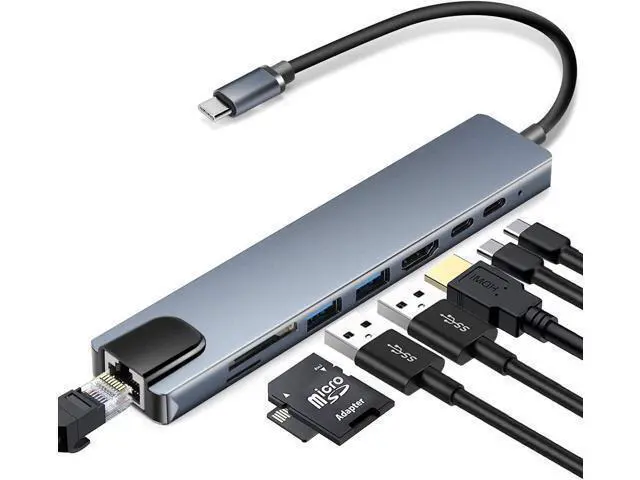 Main image of USB C Hub Adapter, 8-in-1 4K USB C to HDMI Type C to RJ45 Ethernet,2X USB C to USB 3.0 ,SD/TF Card Reader,3.0 Power Delivery, USB-C Data Port,Portable Compatible with MacBook 2018 Ipad XPS13