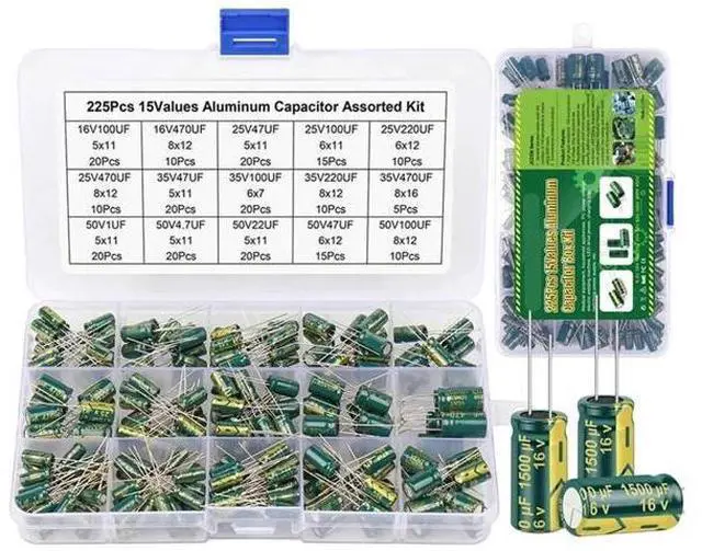 Main image of 15Values 225Pcs Aluminum Capacitors Set High Frequency Low ESR Electrolytic Capacitors Assortment Kit 16V-50V with Box