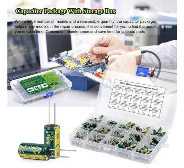 Alt view image 2 of 3 - 15Values 225Pcs Aluminum Capacitors Set High Frequency Low ESR Electrolytic Capacitors Assortment Kit 16V-50V with Box