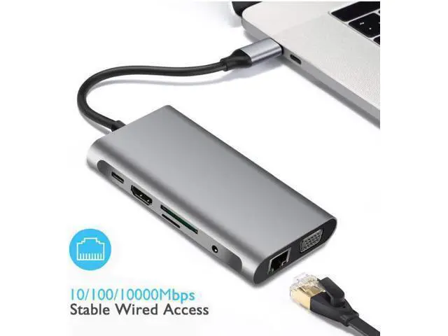 Alt view image 3 of 7 - Updated USB C Hub, Jansicotek 10 in 1 Type C Adapter Dock with Giga Ethernet, 4K USBC to HDMI, VGA, 3 USB3.0, Type C PD, SD TF Card Reader, Audio/Mic, for MacBook Pro and Other Type C Laptops