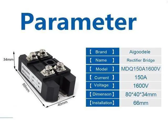 Alt view image 4 of 7 - Single Phase Bridge Rectifier MDQ-150A 150A 1600V Full Wave Diode Module MDQ150-16
