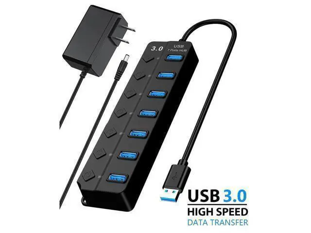 Main image of USB 3.0 Hub, 7 Port Powered USB Hub Expander USB 3.0 Data Port hub with Universal 5V DC Adapter and Individual On/Off Switches USB Splitter for Laptop and PC(Black)