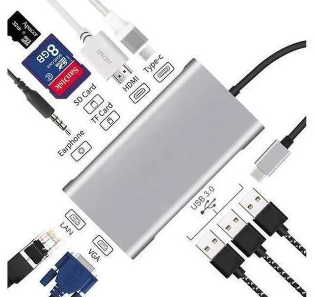 Alt view image 2 of 7 - USB C Hub Upgraded 10 in 1 USB Type C Adapter with Gigabit Ethernet Port,PD Type C Charging Port,4K HDMI,VGA,SD TF Card Reader,3 USB Ports and Audio Port Compatible for MacBook