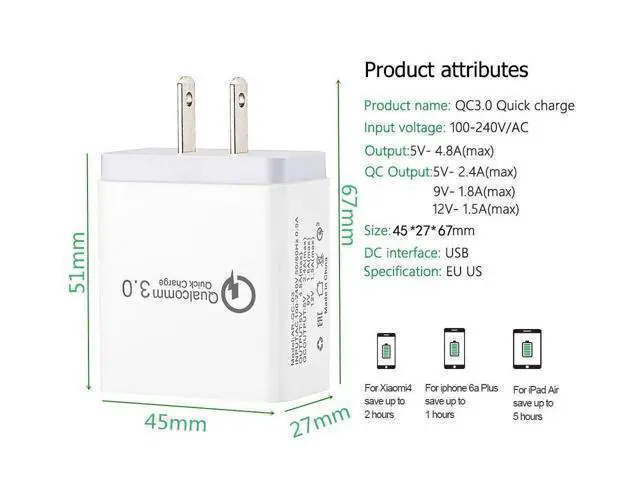 Alt view image 5 of 7 - Quick Charge 3.0 Lightning Cable Fast Wall Charger 3 Ports Tablet iPad Phone Charger Adapter Qualcomm Travel Plug For iPhone X/8/8+/7P Samsung S9/S8/S7/Edge/Note Wireless Charger