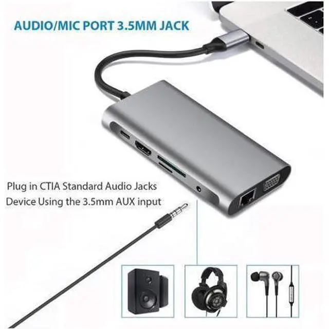 Alt view image 4 of 7 - USB C Hub 10-in-1 Type C Hub with 4K HDMI, VGA, Ethernet, 3 USB Ports, Audio, PD Charger, SD/Micro SD Card Reader Docking Station Compatible with MacBook Pro and Other Type C Laptops