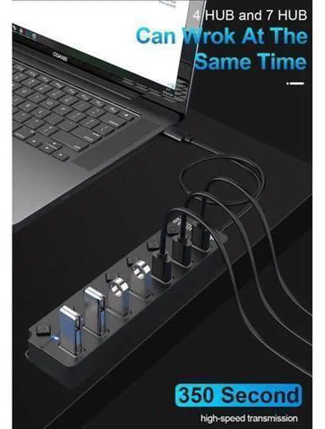 Main image of Powered USB Hub 3.0, 7-Port USB Data Hub Splitter with Individual On/Off Switches and 5V DC Power Adapter USB Extension for MacBook, Mac Pro/Mini and More