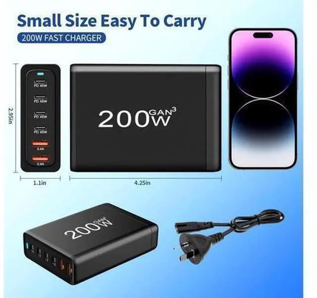 Alt view image 3 of 7 - GaN 200W Fast Charger 6-Port USB A/C Charger QC3.0 PD3.0 Quick Charge for MacBook Pro/Air, Dell XPS,iPhone 15 Pro Cell Phone Charger Desk Charger Adapter