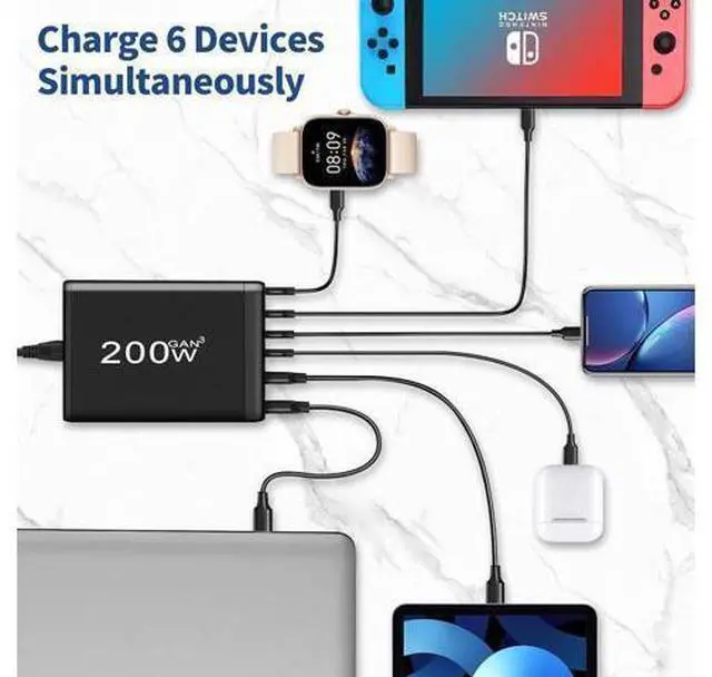 Alt view image 2 of 7 - GaN 200W Fast Charger 6-Port USB A/C Charger QC3.0 PD3.0 Quick Charge for MacBook Pro/Air, Dell XPS,iPhone 15 Pro Cell Phone Charger Desk Charger Adapter