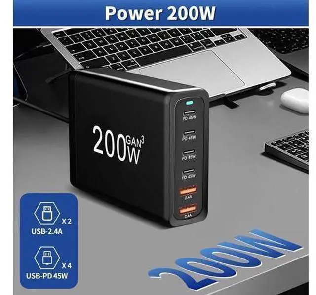 Alt view image 4 of 7 - GaN 200W Fast Charger 6-Port USB A/C Charger QC3.0 PD3.0 Quick Charge for MacBook Pro/Air, Dell XPS,iPhone 15 Pro Cell Phone Charger Desk Charger Adapter