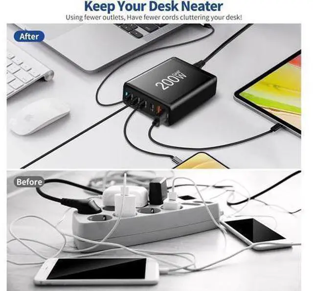 Alt view image 7 of 7 - GaN 200W Fast Charger 6-Port USB A/C Charger QC3.0 PD3.0 Quick Charge for MacBook Pro/Air, Dell XPS,iPhone 15 Pro Cell Phone Charger Desk Charger Adapter