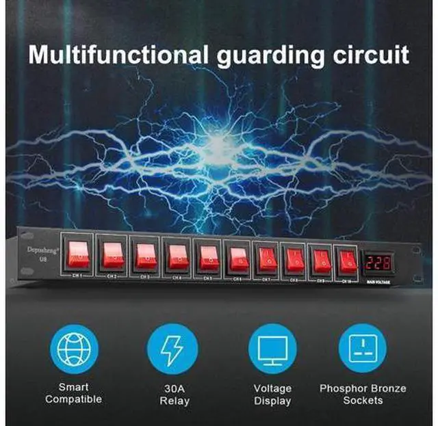 Alt view image 3 of 6 - U8 Power Sequencer Conditioner 10 Outlet - 15A 1800W AC Power Rack Mount Switch Conditioner, Pro Audio Digital Power Supply Surge Protector for Home Electrical Appliance,Surge Protector