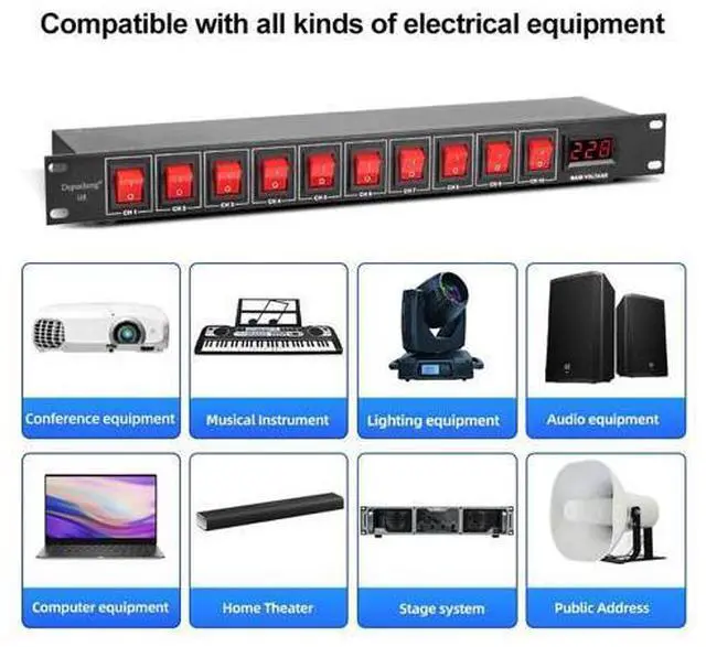 Alt view image 6 of 6 - U8 Power Sequencer Conditioner 10 Outlet - 15A 1800W AC Power Rack Mount Switch Conditioner, Pro Audio Digital Power Supply Surge Protector for Home Electrical Appliance,Surge Protector