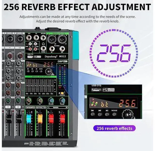 Alt view image 3 of 7 - MX12 12 Channel Sound Mixer Audio Mixing Console 48V 256DSP Professional USB PC Play Record Podcast Live Broadcast (US MX12)