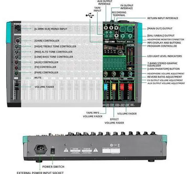 Alt view image 4 of 7 - MX12 12 Channel Sound Mixer Audio Mixing Console 48V 256DSP Professional USB PC Play Record Podcast Live Broadcast (US MX12)