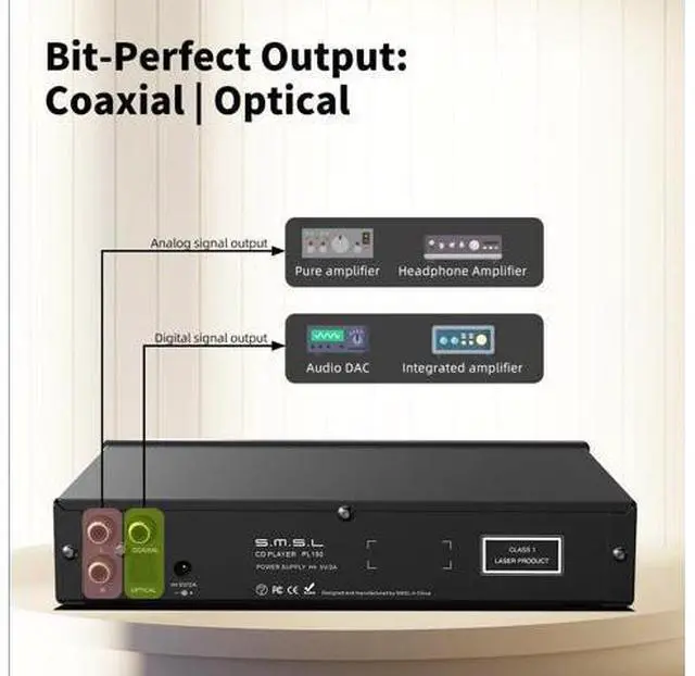 Alt view image 4 of 7 - PL150 CD Player High Power CS43198 D/A chip, Standard/MQA-CD/HDCD CDs, with RCA/3.5mm & 4.4mm Headphone/Optical/Coaxial Output, for Vehicle/Laptop/TV/PC, CD Player Amp with Remote Control (Black)