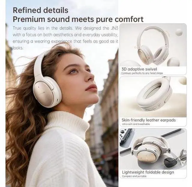 Alt view image 7 of 7 - JN3 Bluetooth Noise Cancelling Headphones, LDAC Hi-Res Audio, 115H Playtime, Spatial Audio, Over-Ear Wireless Headphones for Travel & Daily Use (Apricot White)