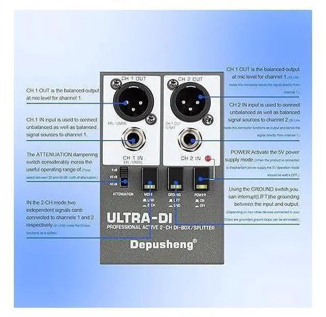 Alt view image 2 of 7 - Ultra-DI Di2 Professional Active 2-Channel DI-Box/Splitter w/Input Attenuator to Connect Guitar & Bass,Connector to Balanced & Unbalanced,Support 48V power supply