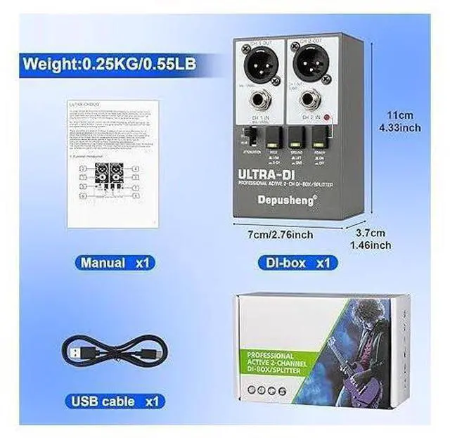 Alt view image 3 of 7 - Ultra-DI Di2 Professional Active 2-Channel DI-Box/Splitter w/Input Attenuator to Connect Guitar & Bass,Connector to Balanced & Unbalanced,Support 48V power supply