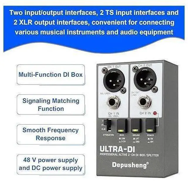 Alt view image 6 of 7 - Ultra-DI Di2 Professional Active 2-Channel DI-Box/Splitter w/Input Attenuator to Connect Guitar & Bass,Connector to Balanced & Unbalanced,Support 48V power supply