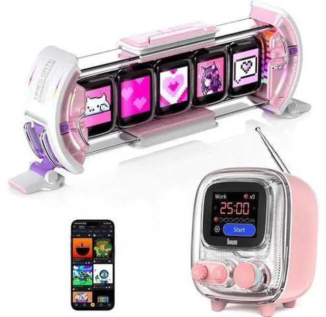 Main image of Times Gate Pink and Tiivoo-2 Pink,Cyberpunk Gaming Setup Digital Clock with Smart APP Control and Mini TV Retro Bluetooth Speaker,Cute Decor for Bedroom,Bedside Desk
