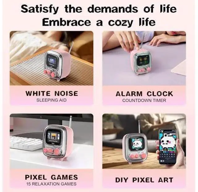 Alt view image 6 of 7 - Times Gate Pink and Tiivoo-2 Pink,Cyberpunk Gaming Setup Digital Clock with Smart APP Control and Mini TV Retro Bluetooth Speaker,Cute Decor for Bedroom,Bedside Desk
