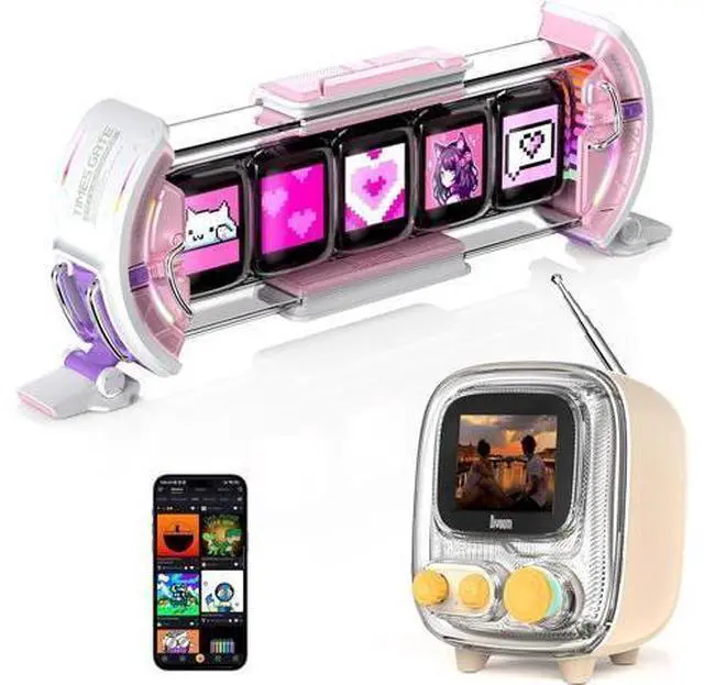 Alt view image 3 of 7 - Times Gate Pink and Tiivoo-2 Cream,Cyberpunk Gaming Setup Digital Clock with Smart APP Control and Mini TV Retro Bluetooth Speaker,Cute Decor for Bedroom,Bedside Desk