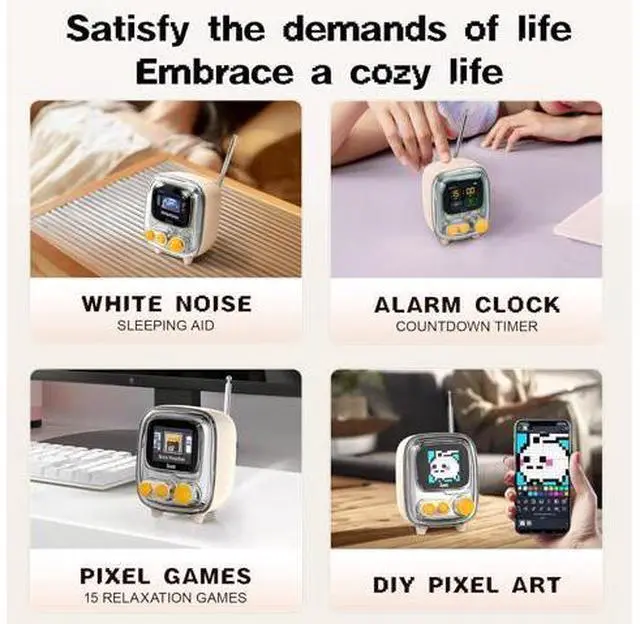 Alt view image 7 of 7 - Times Gate Pink and Tiivoo-2 Cream,Cyberpunk Gaming Setup Digital Clock with Smart APP Control and Mini TV Retro Bluetooth Speaker,Cute Decor for Bedroom,Bedside Desk