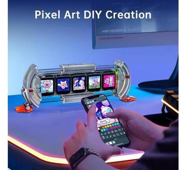 Alt view image 5 of 7 - Times Gate - Cyberpunk Gaming Setup Digital Clock with Smart APP Control, WiFi Connect, RGB LED Display, Personalized Dashboard, Pixel Art for Gaming Room & Office Decor (Silver+Pink)