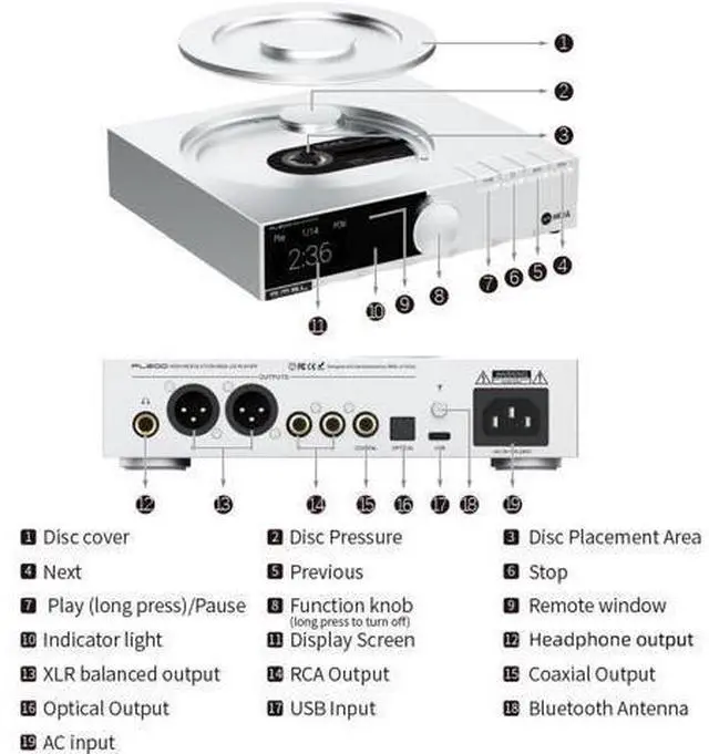 Alt view image 2 of 7 - PL200 MQA-CD Player, Hi-End Class CD Program Flagship DAC Chip AK4499EX, High-end Bluetooth Chip 32bit/768kHz, DSD512, MQA Full Decoding, CD/Bluetooth/CD Player Input with Remote Control