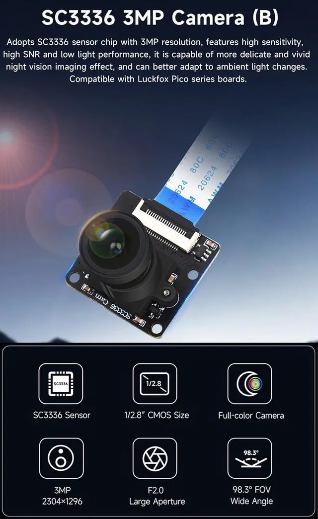 Alt view image 2 of 7 - SC3336 3MP Camera Module with FFC Cable for Luck-Fox Pico Series Boards, 3MP (2304×1296) with High Sensitivity High SNR and Low Light Performance, 98.3° FOV Wide Angle