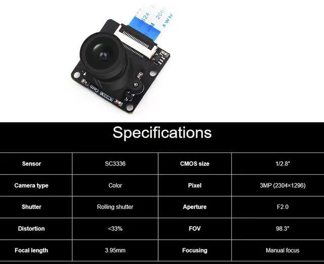Alt view image 3 of 7 - SC3336 3MP Camera Module with FFC Cable for Luck-Fox Pico Series Boards, 3MP (2304×1296) with High Sensitivity High SNR and Low Light Performance, 98.3° FOV Wide Angle