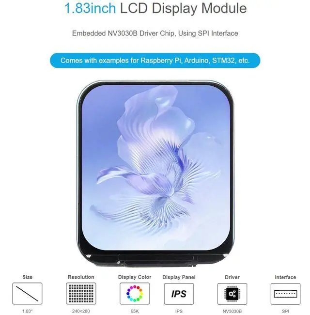 Alt view image 2 of 7 - 1.83inch Round LCD Display Module 240×280 Resolution IPS LCD SPI Interface 65K Colors Rounded Corners Micro LCD Display for Raspberry Pi 5/4B/ 3B+/Pi3B/Raspberry Pi Zero W/2W, STM32,ESP32 etc.
