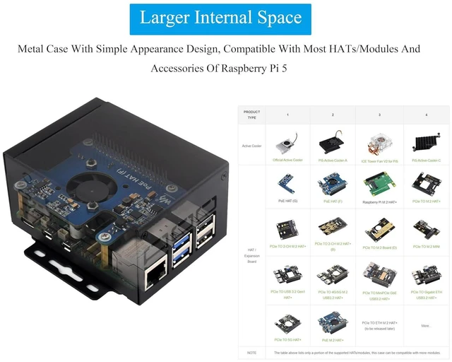 Alt view image 3 of 7 - Metal Case for Raspberry Pi 5, Support Add Pi 5 Active Cooler & Pi5 POE HAT & PCIe to M.2 HAT+ & PCIe to M.2 Board Most Hats/Modules and Accessories for Pi 5