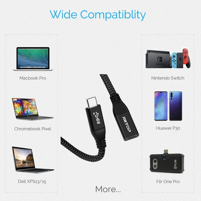 Alt view image 7 of 7 - USB C Extension Cable Short (2FT), USB Type-C Male to Female Extender for Nintendo Switch, MacBook Pro, Dell XPS (Thunderbolt 3 Compatible)
