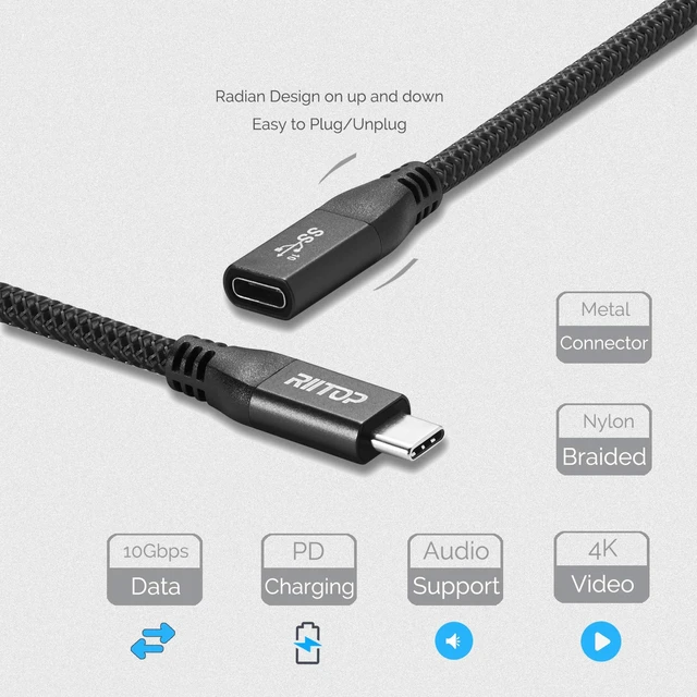 Alt view image 2 of 7 - USB C Extension Cable Short (2FT), USB Type-C Male to Female Extender for Nintendo Switch, MacBook Pro, Dell XPS (Thunderbolt 3 Compatible)