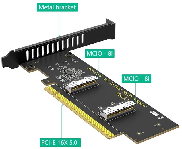 Alt view image 2 of 7 - PCIe 5.0 x16 to Dual MCIO SFF-1016 8i 74Pin Adapter Card 128Gbps Total Bandwidth with Low Profile Bracket for ATX mATX ITX Cases