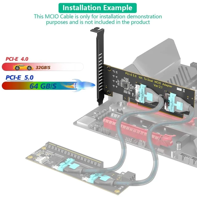 Alt view image 6 of 7 - PCIe 5.0 x16 to Dual MCIO SFF-1016 8i 74Pin Adapter Card 128Gbps Total Bandwidth with Low Profile Bracket for ATX mATX ITX Cases
