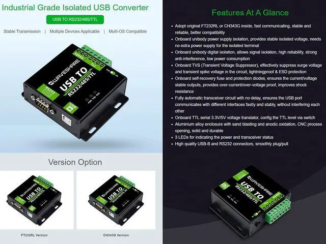 Alt view image 2 of 7 - Industrial Grade Isolated USB Converter, USB TO RS232/485/TTL Converter CH343G Chip, Multi-Protocol/Multi-Type Conversion Multiple Protection, Support Mac, Linux, Android, Windows 11/10/8.1/8/7