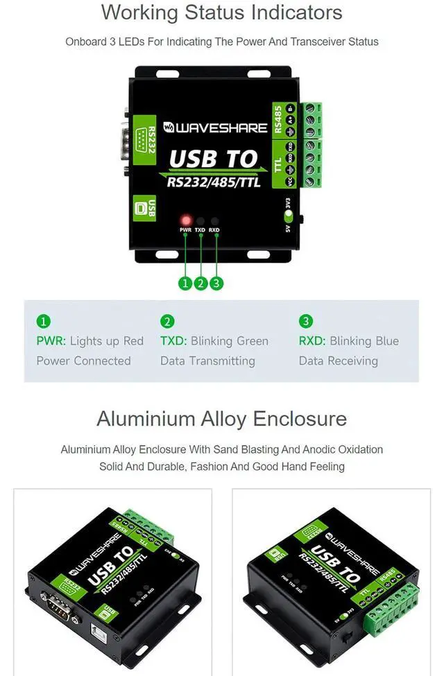 Alt view image 6 of 7 - Industrial Grade Isolated USB Converter, USB TO RS232/485/TTL Converter CH343G Chip, Multi-Protocol/Multi-Type Conversion Multiple Protection, Support Mac, Linux, Android, Windows 11/10/8.1/8/7
