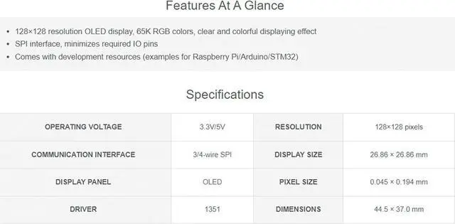 Alt view image 5 of 6 - 1.5inch RGB OLED Display Module, 128x128 Pixels 16-bit (65K Colors)